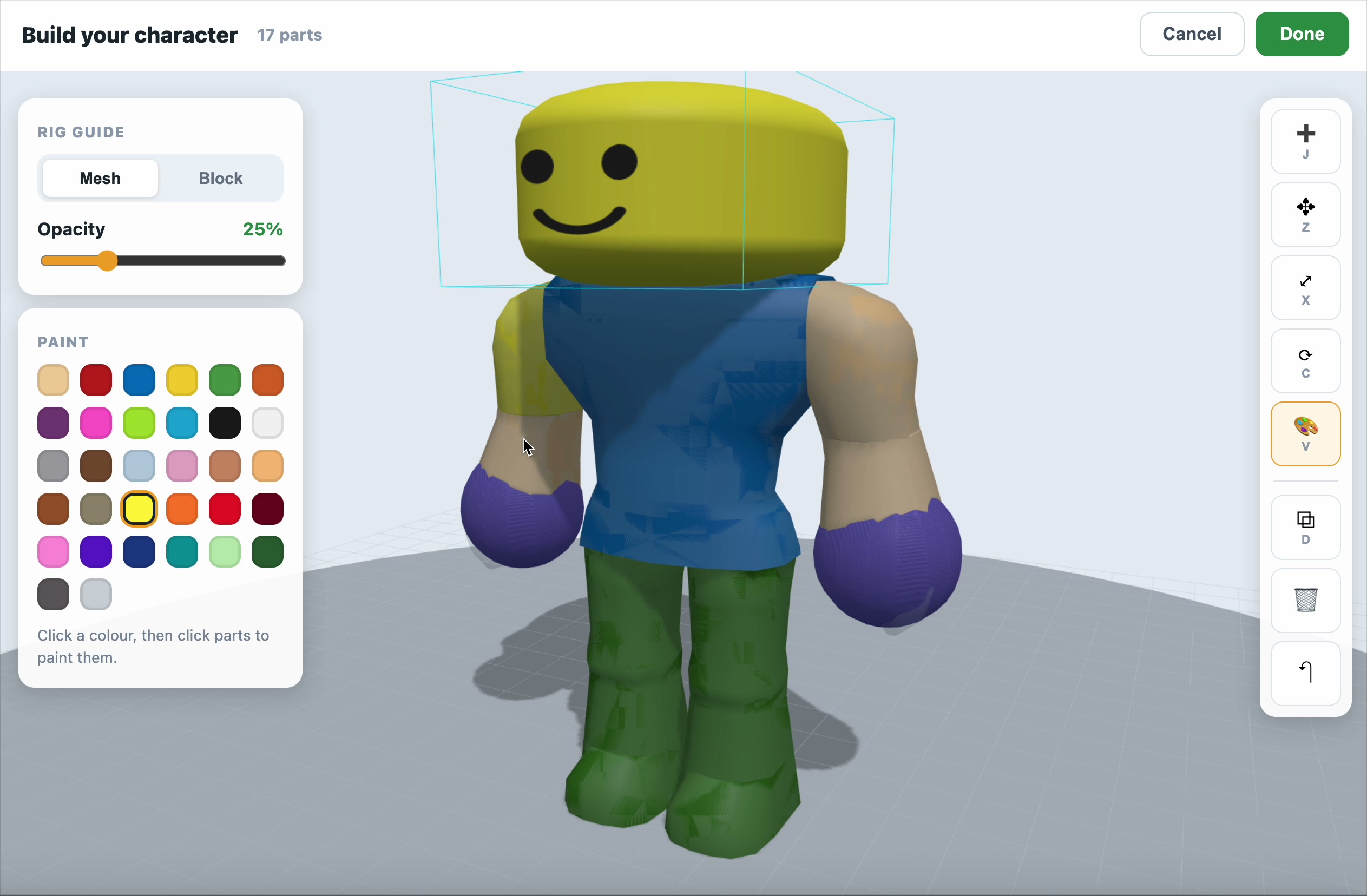 Click a colour, then click parts to paint them