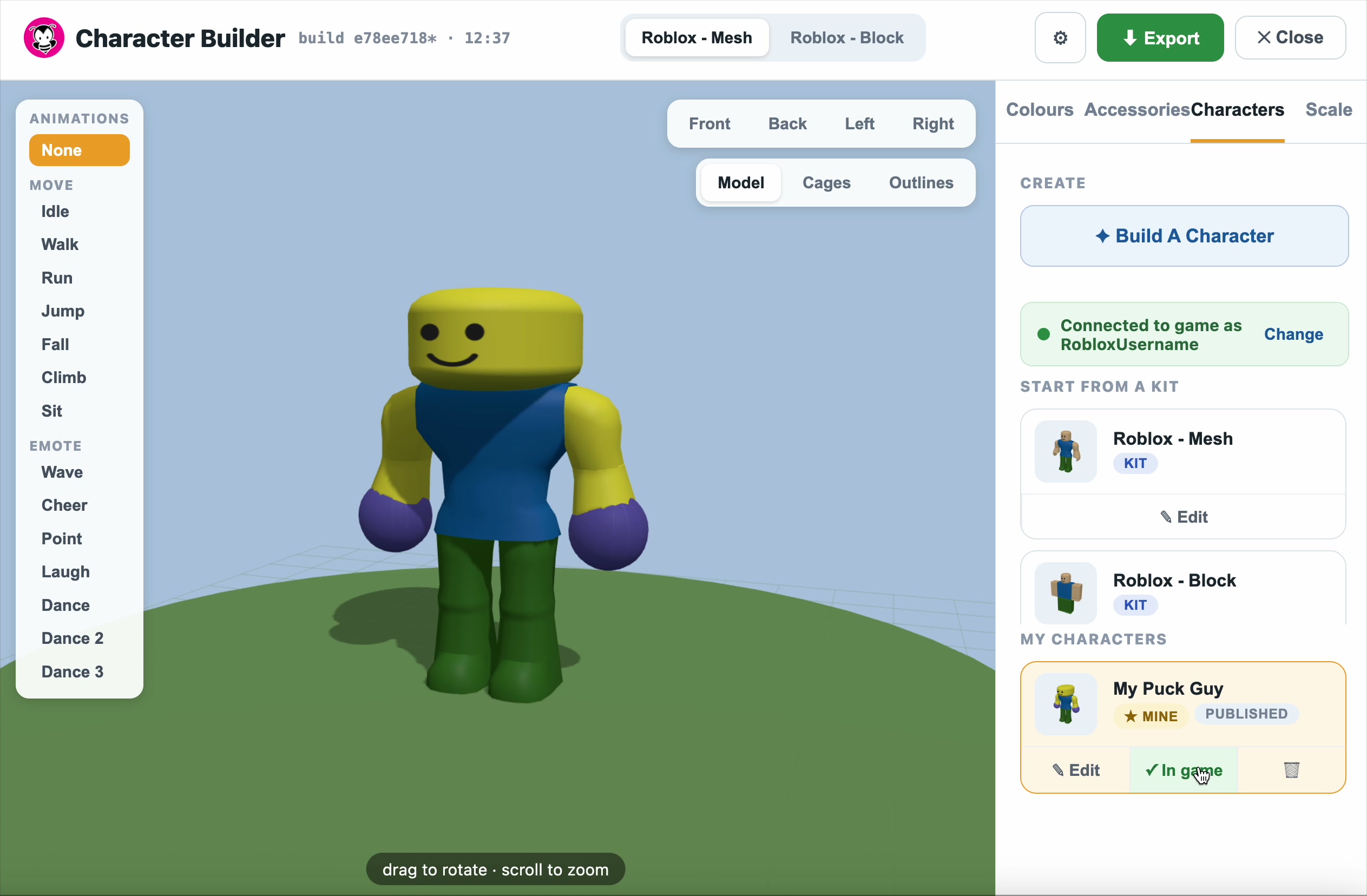 The published character shows Published and In game