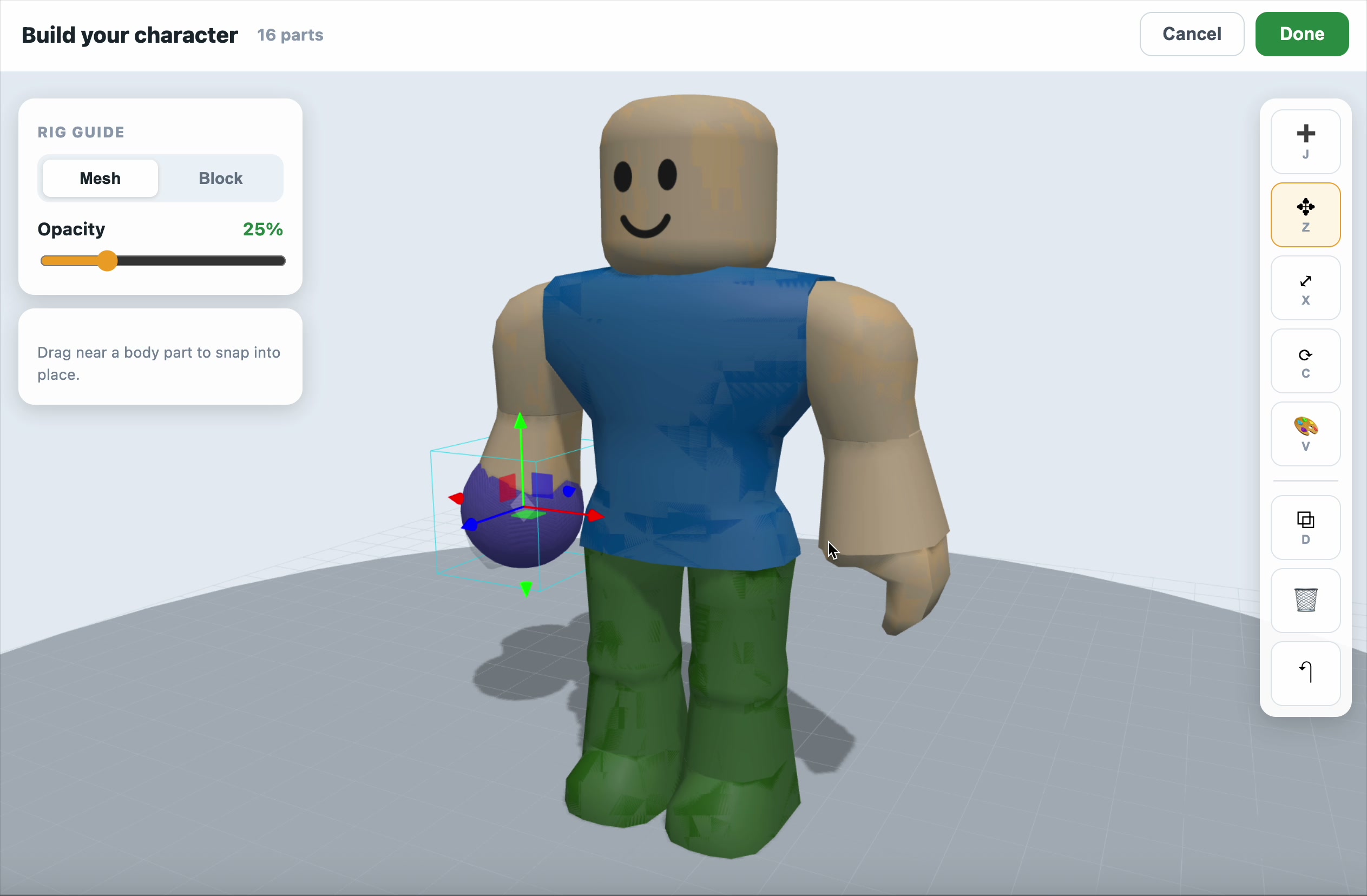 Drag a new shape near a body part to snap it into place