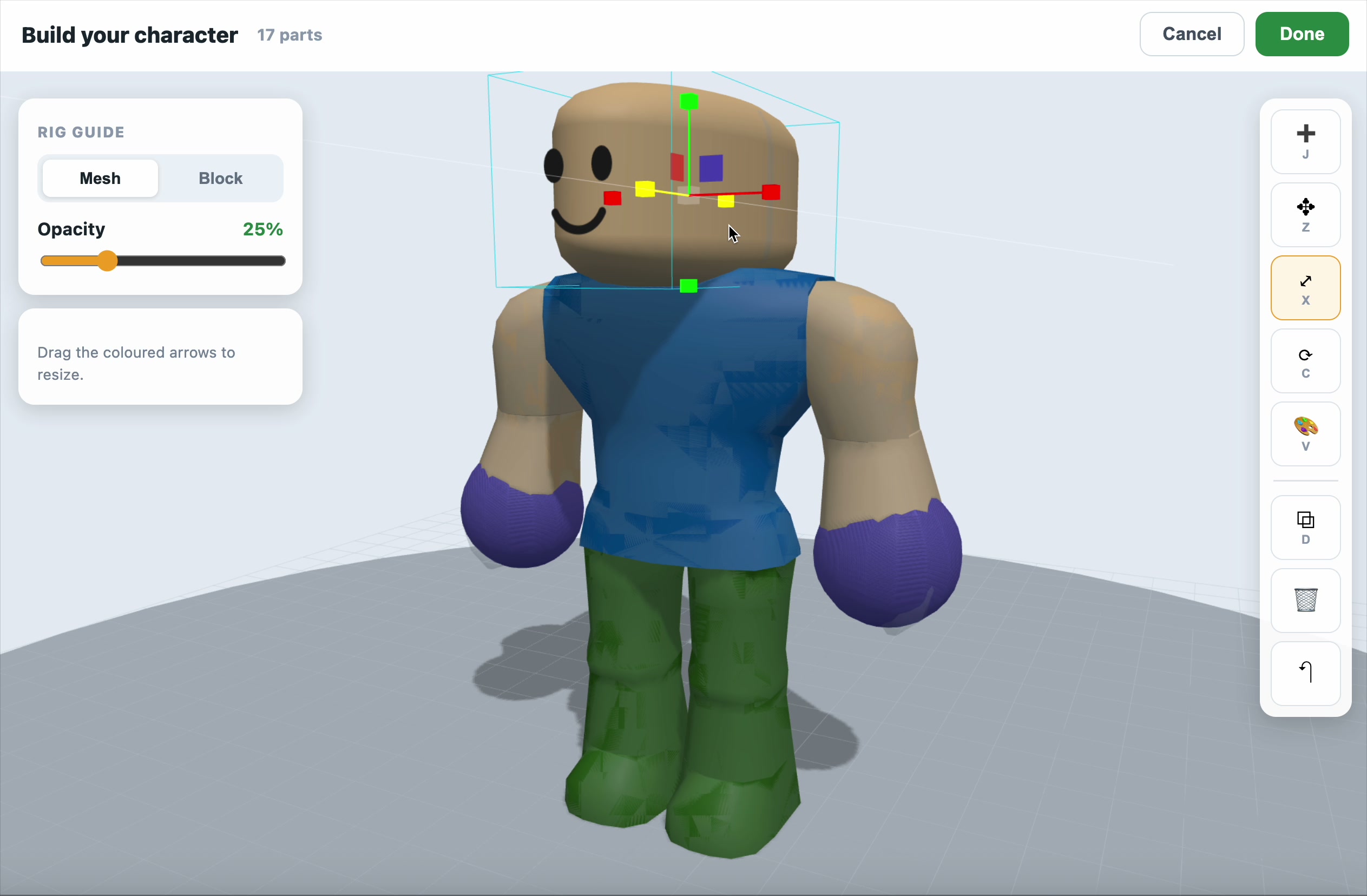 Drag the coloured arrows to resize a part