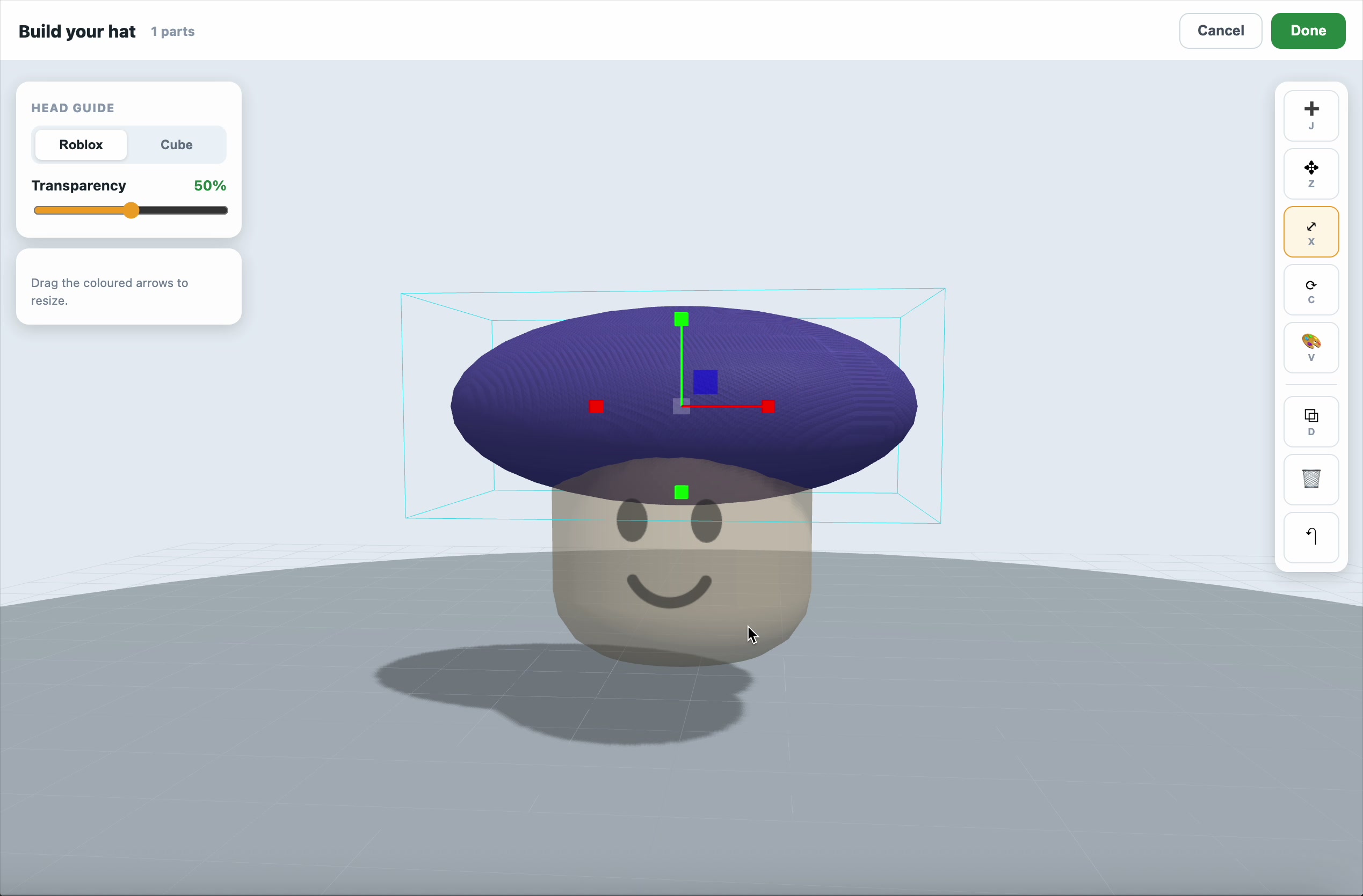 Resize a part with the coloured arrows