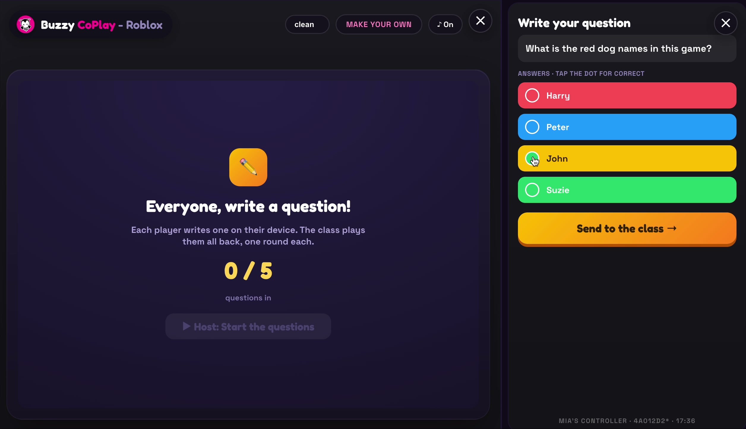 Filling in the answers and tapping the dot for the correct one