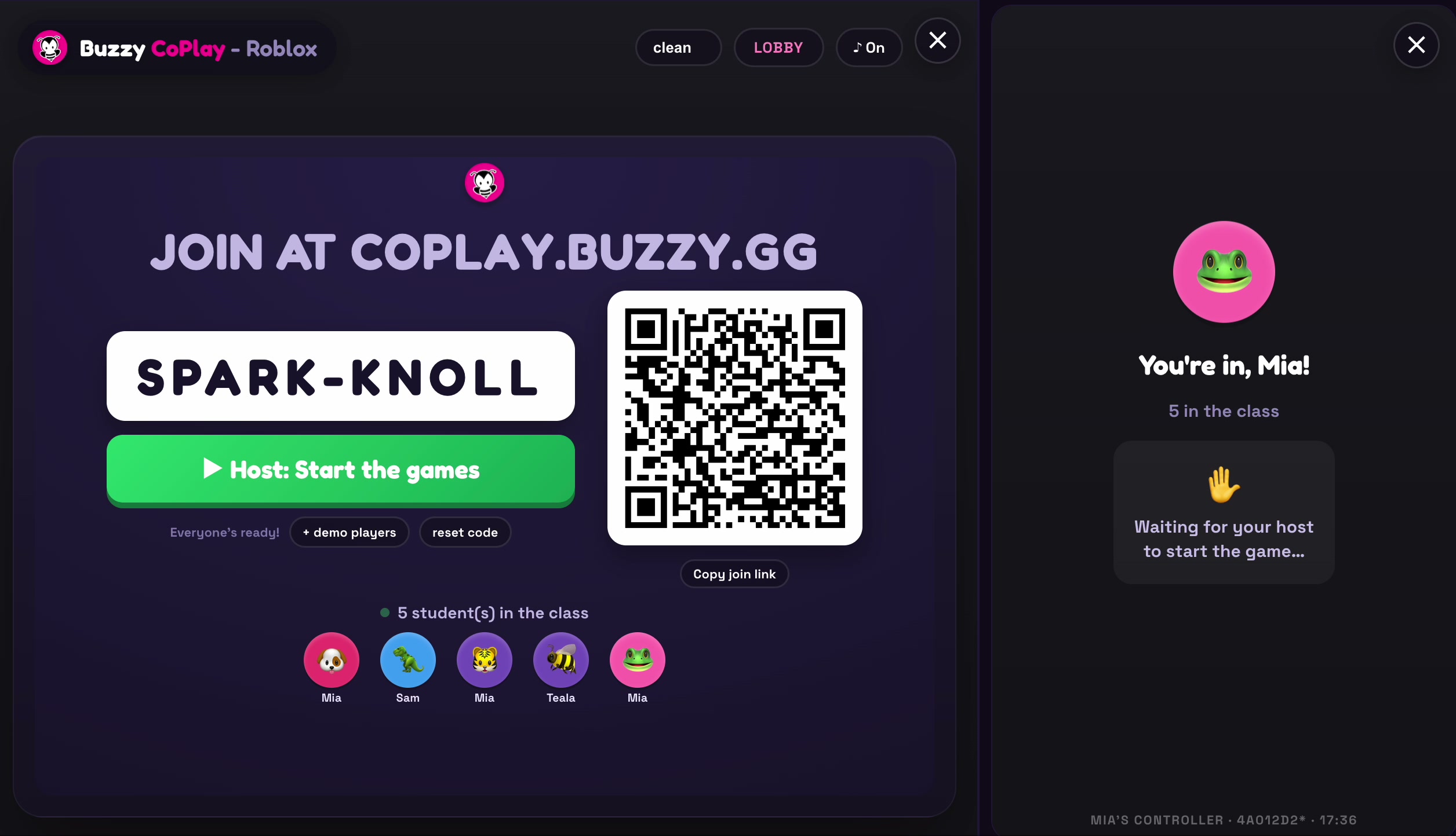 The CoPlay lobby with the join code and QR code