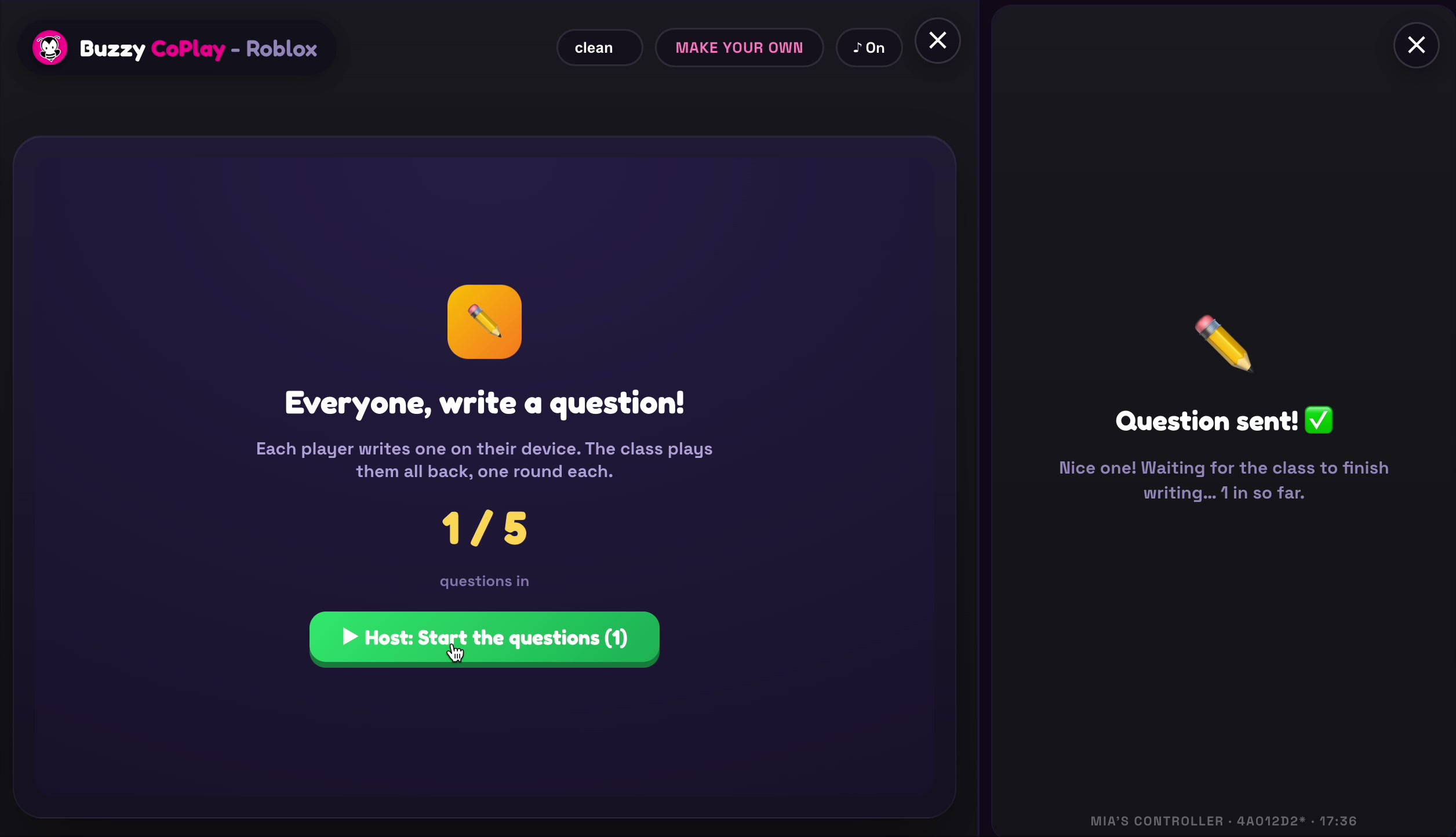 Question sent, and the host starting the questions